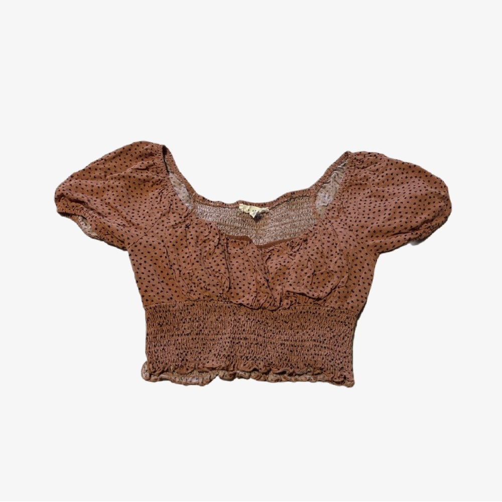 La Hearts Brown Smocked Puff Sleeve Crop Blouse